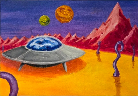 Artistic depiction of a UFO on a alien landscape with two moons in the sky.