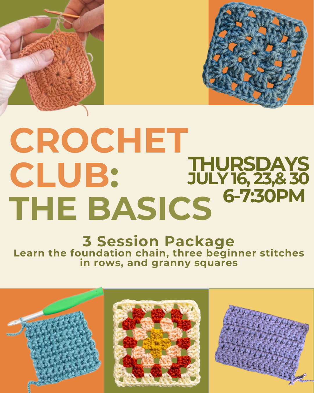 Crochet Club: The Basics with Sour Stitchery- July 16, 23, and 30
