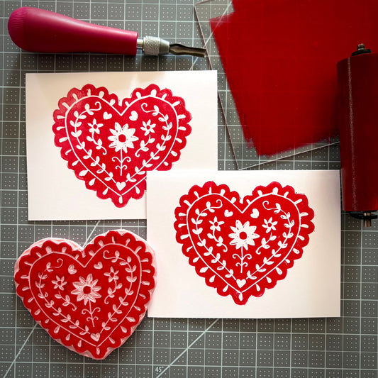 Block Printed Valentine Cards- Feb. 8
